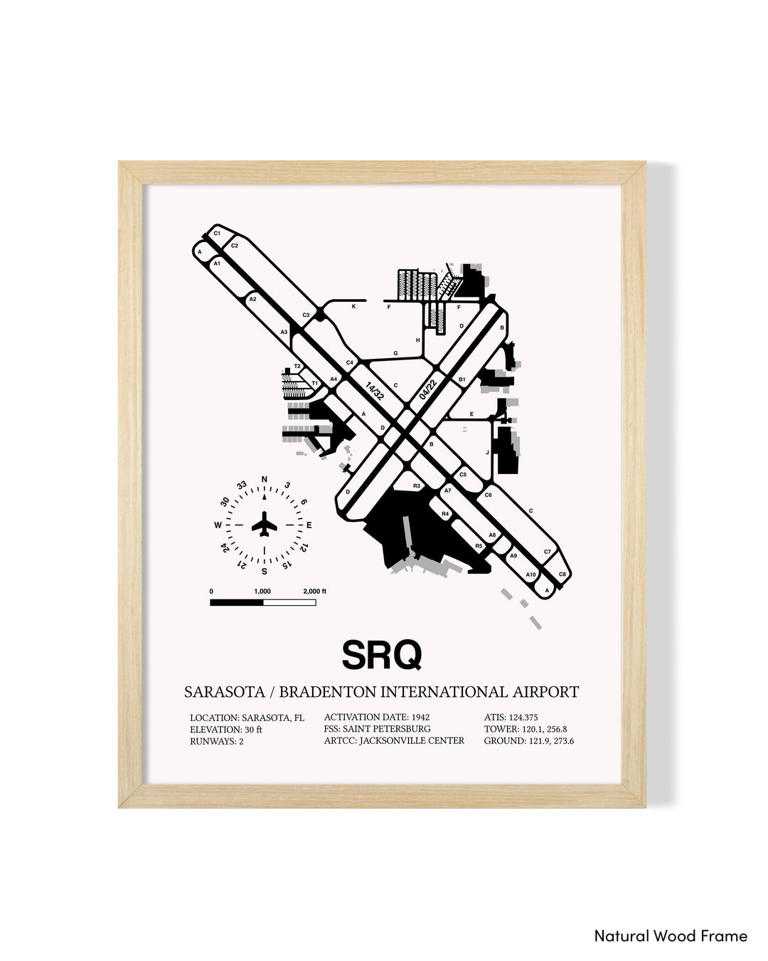 Detailed Airport Map of Sarasota / Bradenton International Airport (SRQ) in White with a Natural Frame