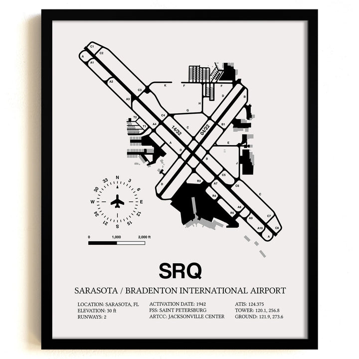 Framed Detailed Airport Map of Sarasota / Bradenton International Airport (SRQ) in White with a Black Frame