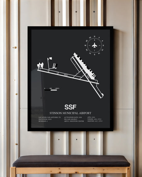 Framed Detailed Airport Map of Stinson Municipal Airport (SSF) in Gray with a Black Frame