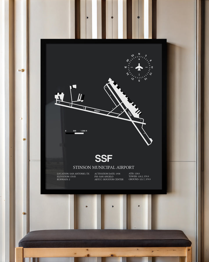 Framed Detailed Airport Map of Stinson Municipal Airport (SSF) in Gray with a Black Frame