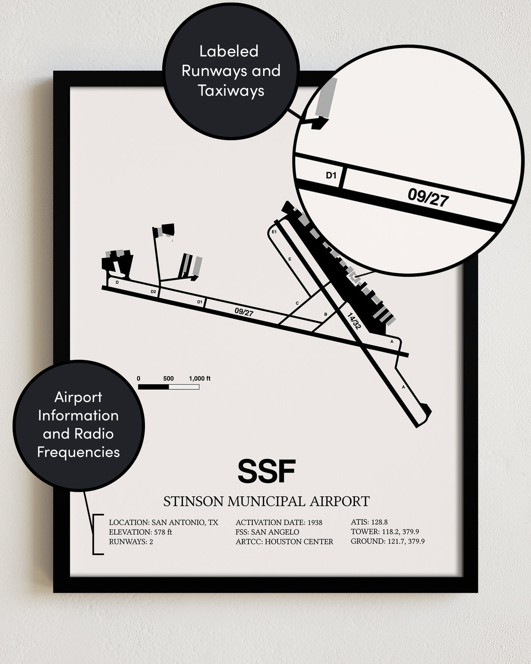 Framed Detailed Airport Map of Stinson Municipal Airport (SSF) in White with a Black Frame
