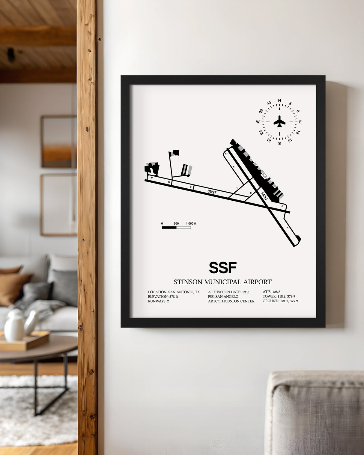 Framed Detailed Airport Map of Stinson Municipal Airport (SSF) in White with a Black Frame