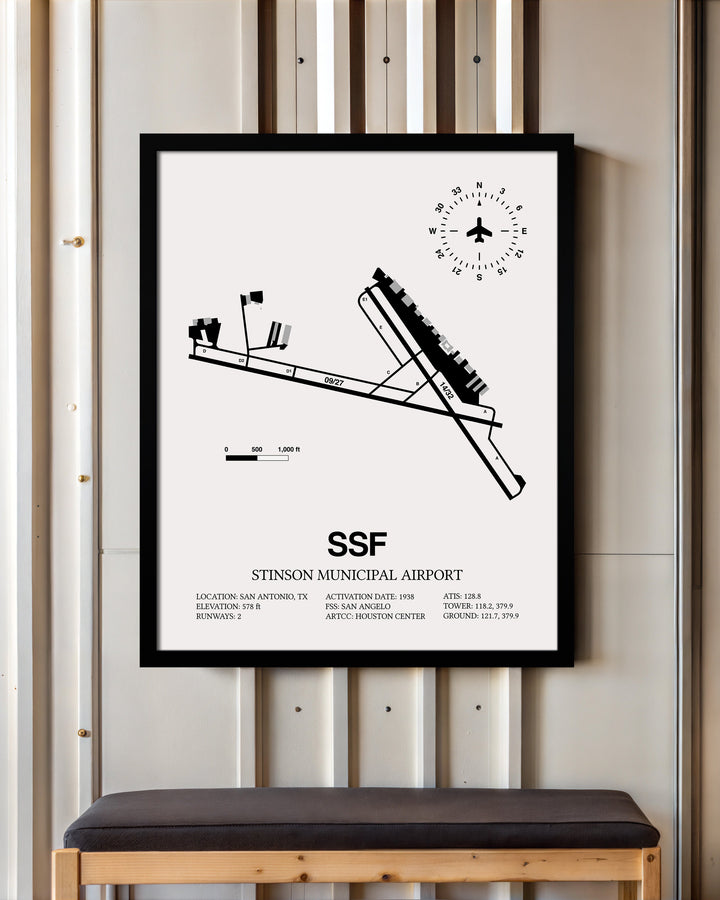 Framed Detailed Airport Map of Stinson Municipal Airport (SSF) in White with a Black Frame