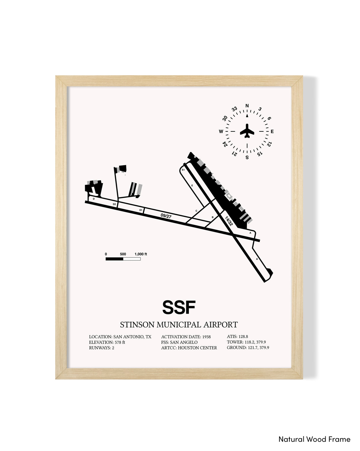 Detailed Airport Map of Stinson Municipal Airport (SSF) in White with a Natural Frame