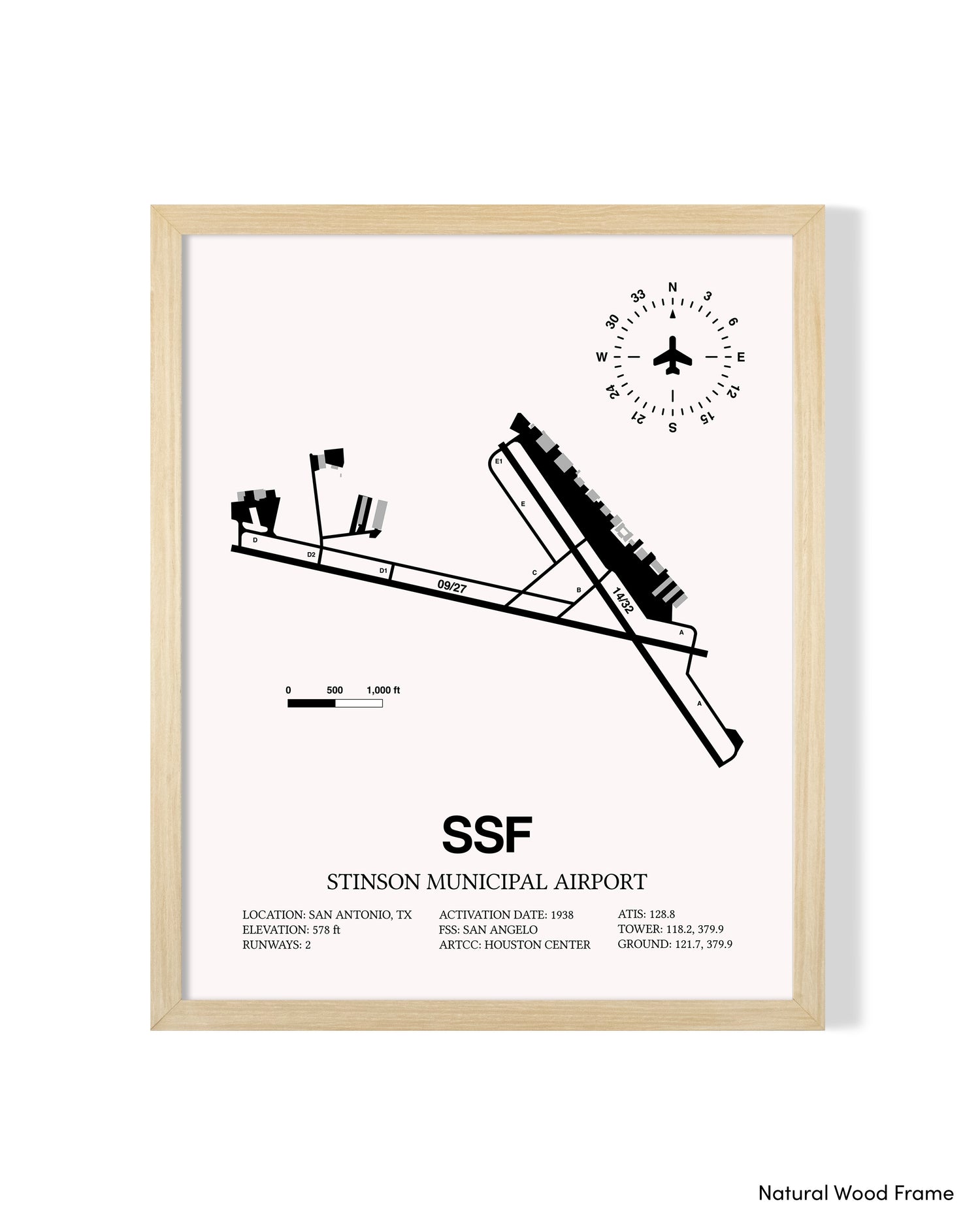 Detailed Airport Map of Stinson Municipal Airport (SSF) in White with a Natural Frame