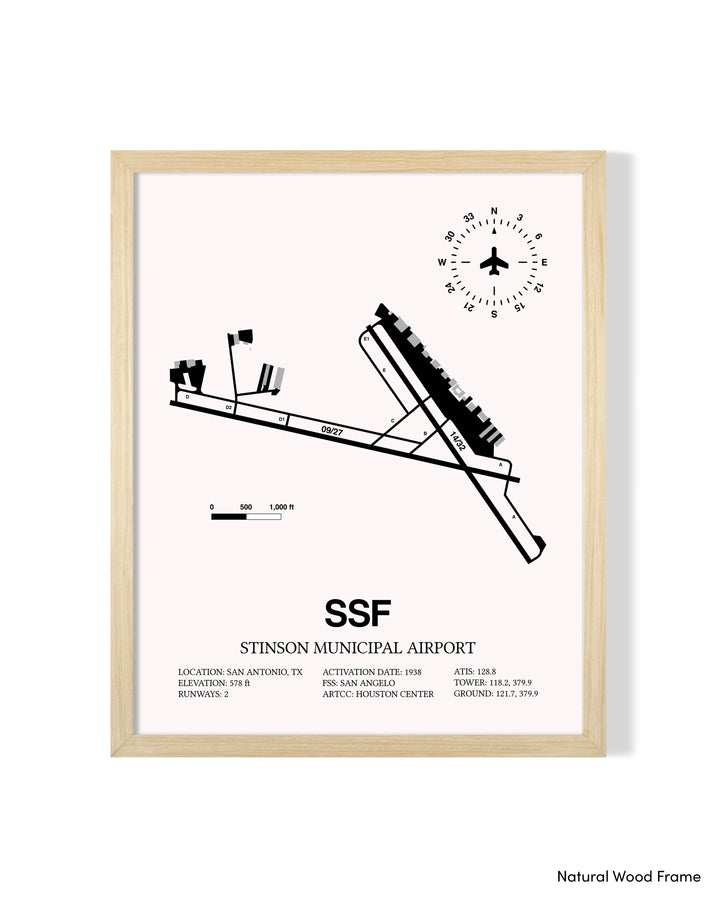 Detailed Airport Map of Stinson Municipal Airport (SSF) in White with a Natural Frame