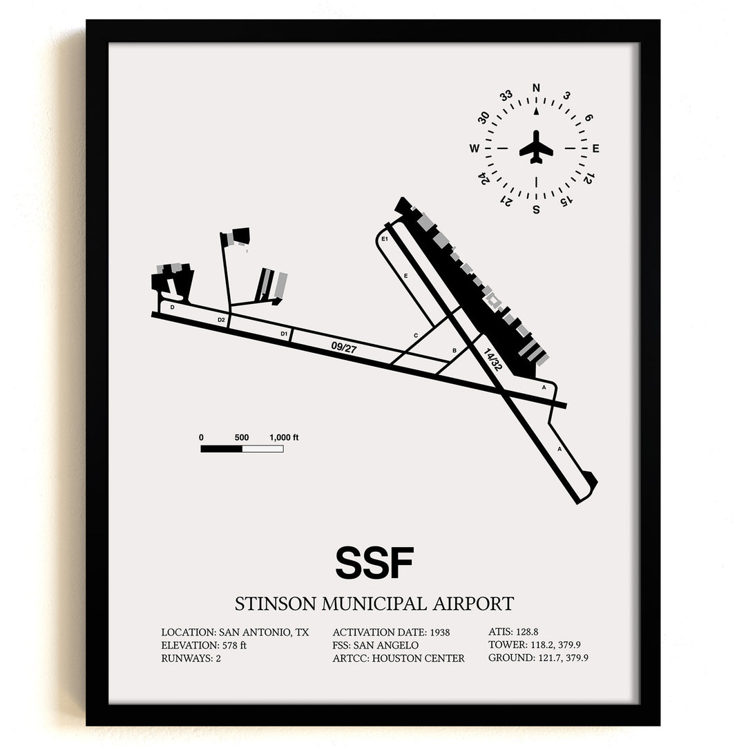 Framed Detailed Airport Map of Stinson Municipal Airport (SSF) in White with a Black Frame