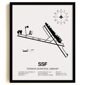 Framed Detailed Airport Map of Stinson Municipal Airport (SSF) in White with a Black Frame