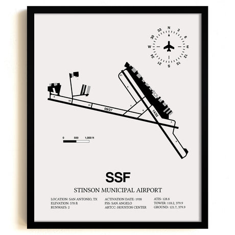 Framed Detailed Airport Map of Stinson Municipal Airport (SSF) in White with a Black Frame