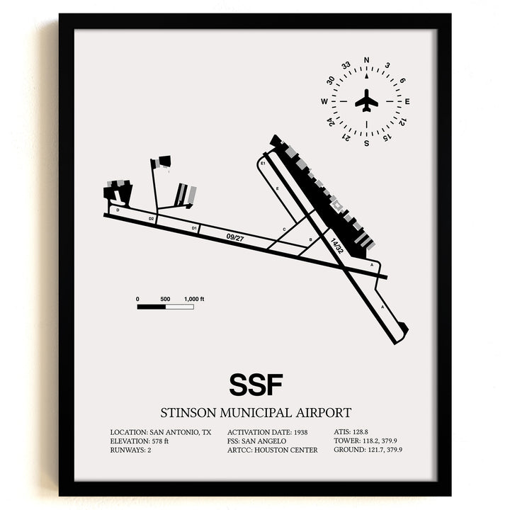 Framed Detailed Airport Map of Stinson Municipal Airport (SSF) in White with a Black Frame