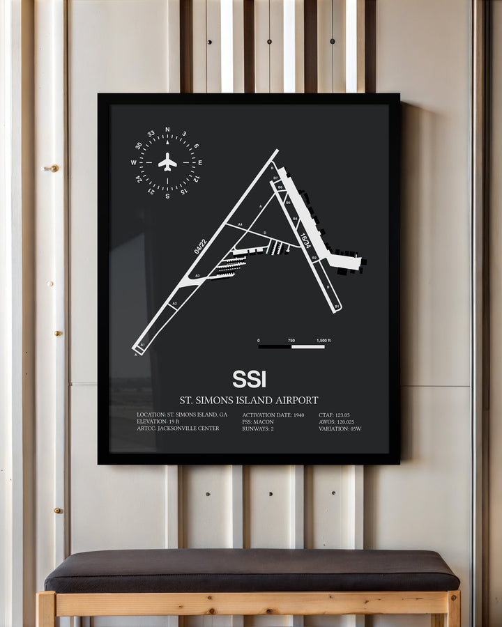 Framed Detailed Airport Map of St. Simons Island Airport (SSI) in Gray with a Black Frame