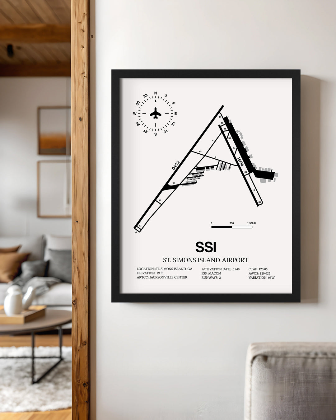 Framed Detailed Airport Map of St. Simons Island Airport (SSI) in White with a Black Frame