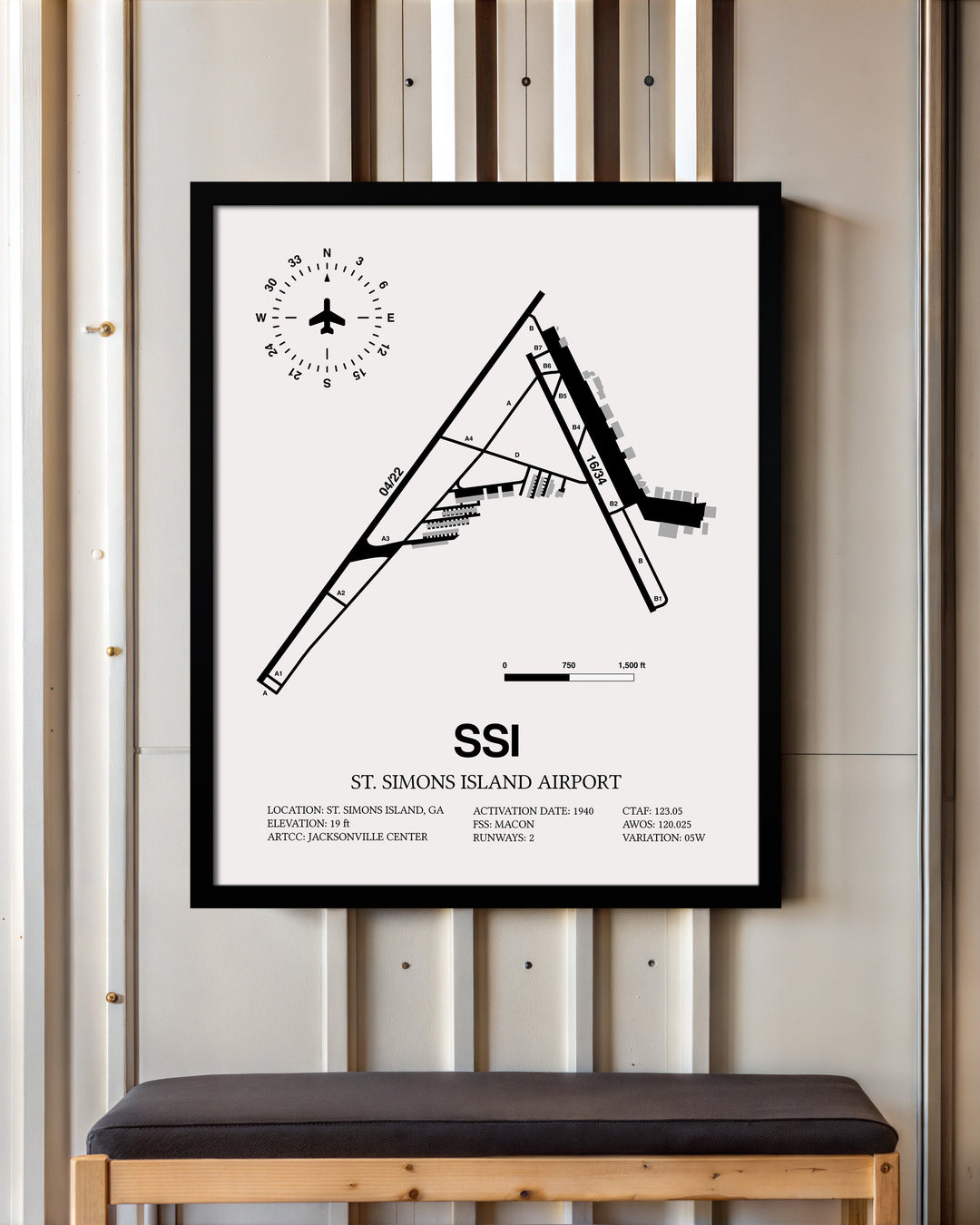 Framed Detailed Airport Map of St. Simons Island Airport (SSI) in White with a Black Frame