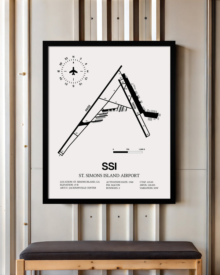 Framed Detailed Airport Map of St. Simons Island Airport (SSI) in White with a Black Frame