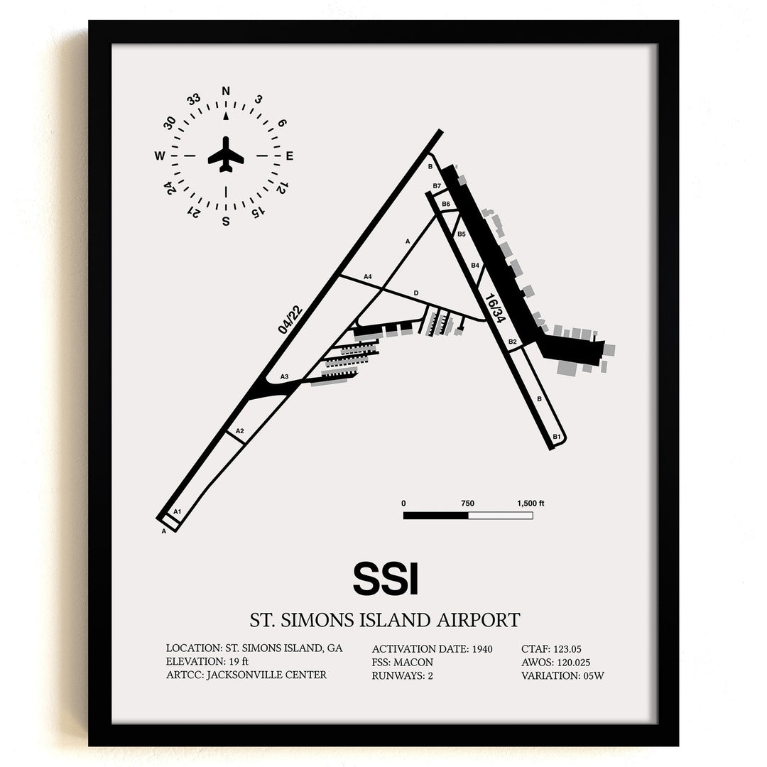 Framed Detailed Airport Map of St. Simons Island Airport (SSI) in White with a Black Frame