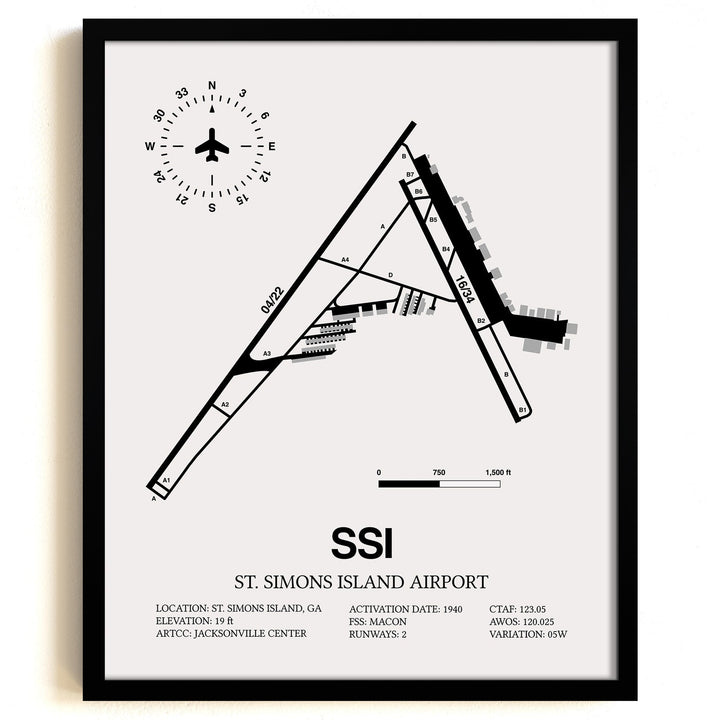 Framed Detailed Airport Map of St. Simons Island Airport (SSI) in White with a Black Frame
