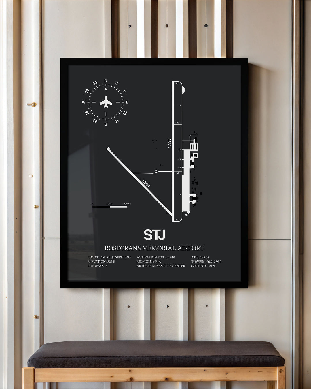Framed Detailed Airport Map of Rosecrans Memorial Airport (STJ) in Gray with a Black Frame