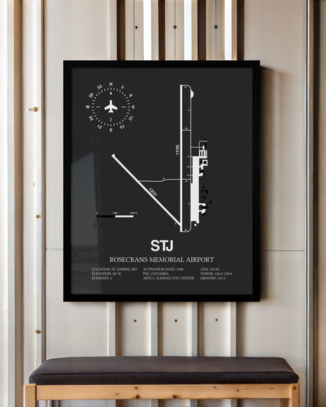 Framed Detailed Airport Map of Rosecrans Memorial Airport (STJ) in Gray with a Black Frame