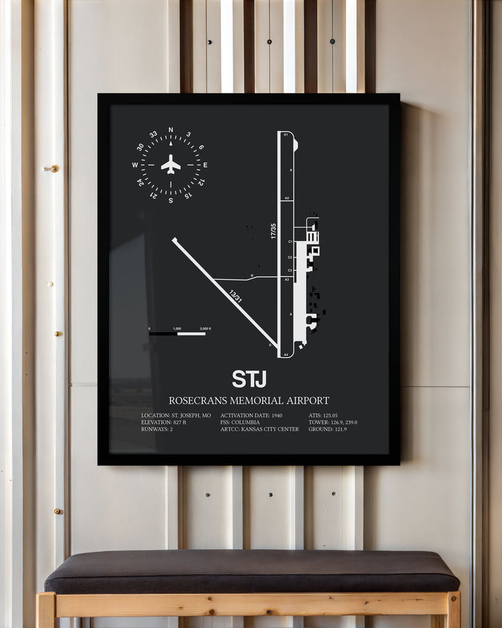 Framed Detailed Airport Map of Rosecrans Memorial Airport (STJ) in Gray with a Black Frame