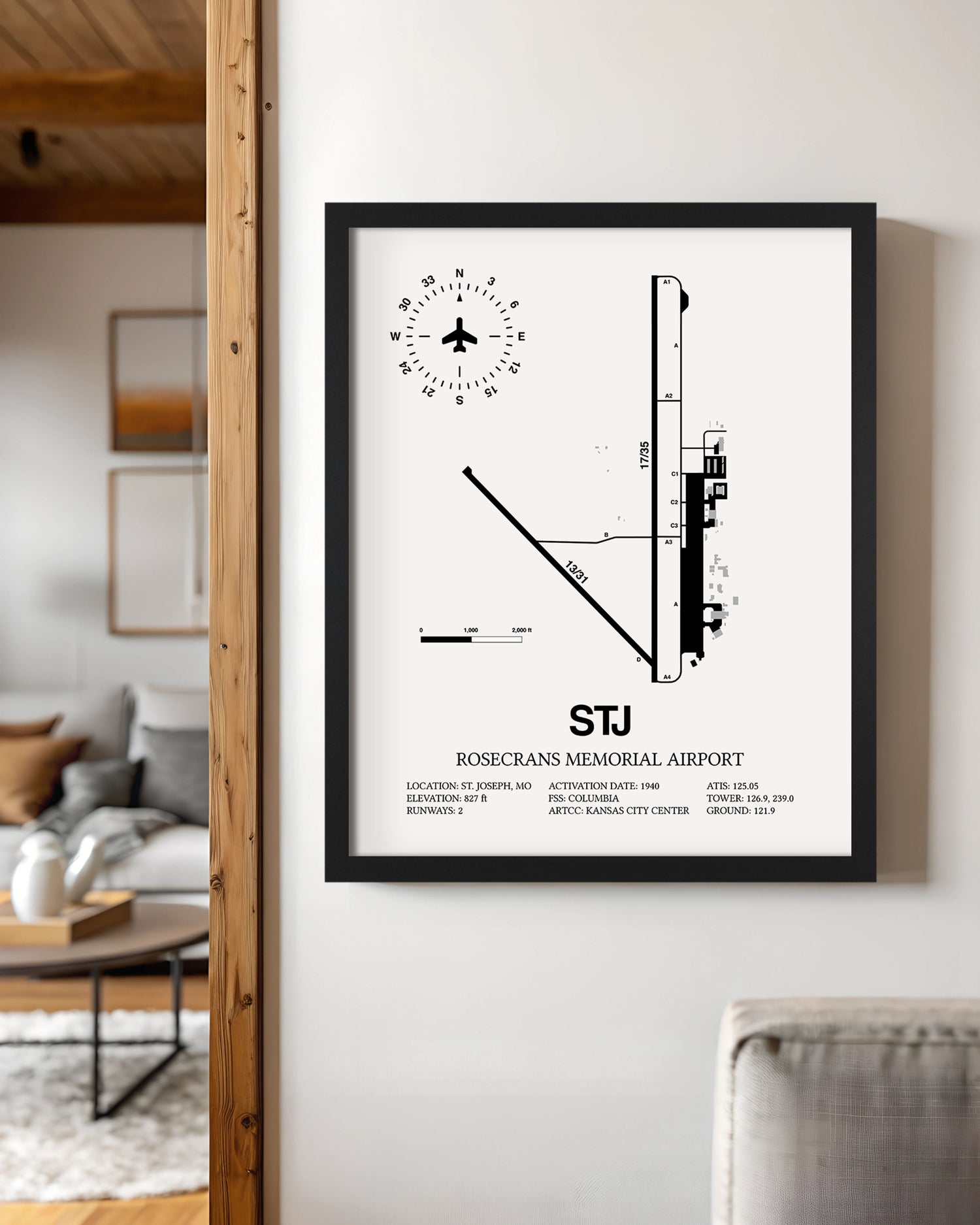 Framed Detailed Airport Map of Rosecrans Memorial Airport (STJ) in White with a Black Frame