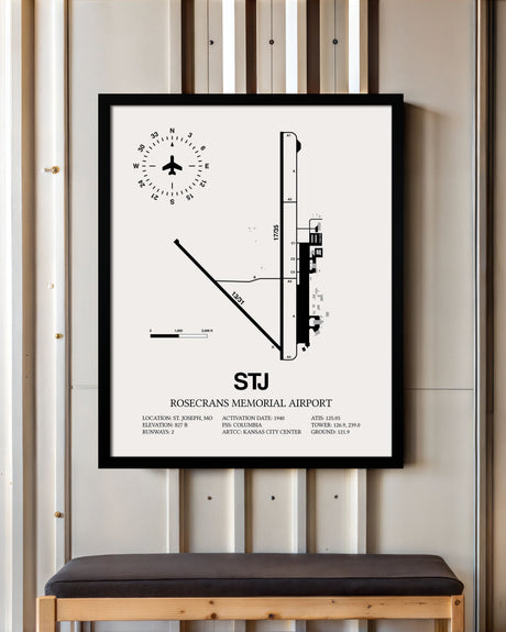 Framed Detailed Airport Map of Rosecrans Memorial Airport (STJ) in White with a Black Frame