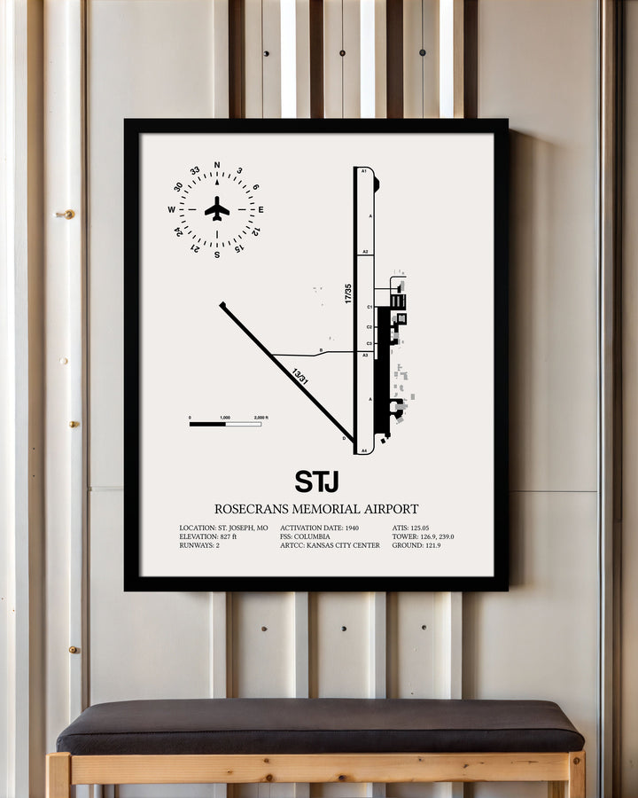Framed Detailed Airport Map of Rosecrans Memorial Airport (STJ) in White with a Black Frame