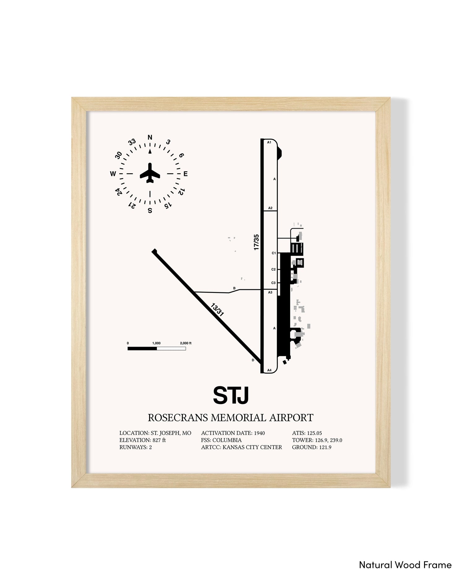 Detailed Airport Map of Rosecrans Memorial Airport (STJ) in White with a Natural Frame