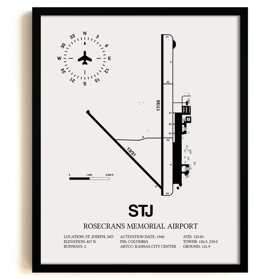 Framed Detailed Airport Map of Rosecrans Memorial Airport (STJ) in White with a Black Frame