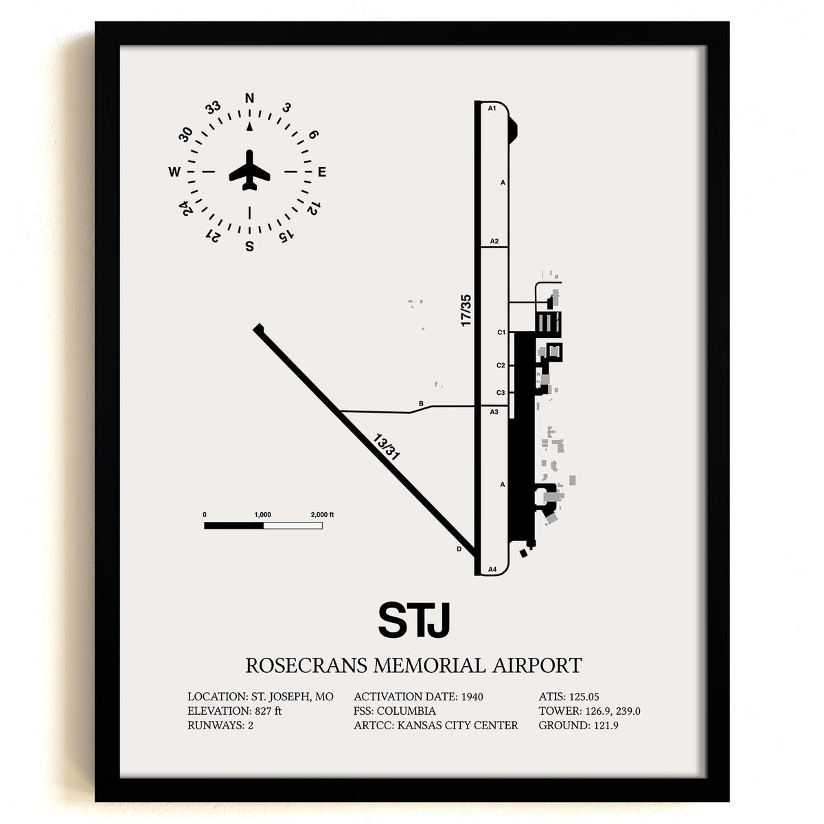 Framed Detailed Airport Map of Rosecrans Memorial Airport (STJ) in White with a Black Frame