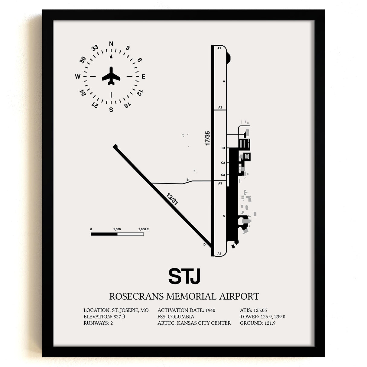 Framed Detailed Airport Map of Rosecrans Memorial Airport (STJ) in White with a Black Frame