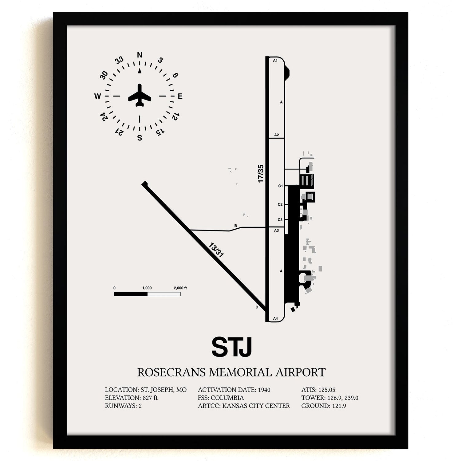Framed Detailed Airport Map of Rosecrans Memorial Airport (STJ) in White with a Black Frame
