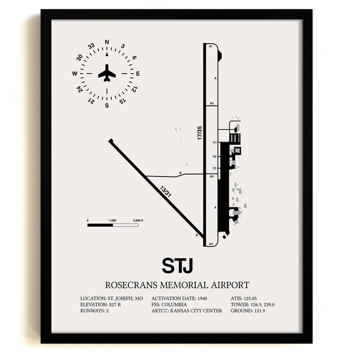 Framed Detailed Airport Map of Rosecrans Memorial Airport (STJ) in White with a Black Frame