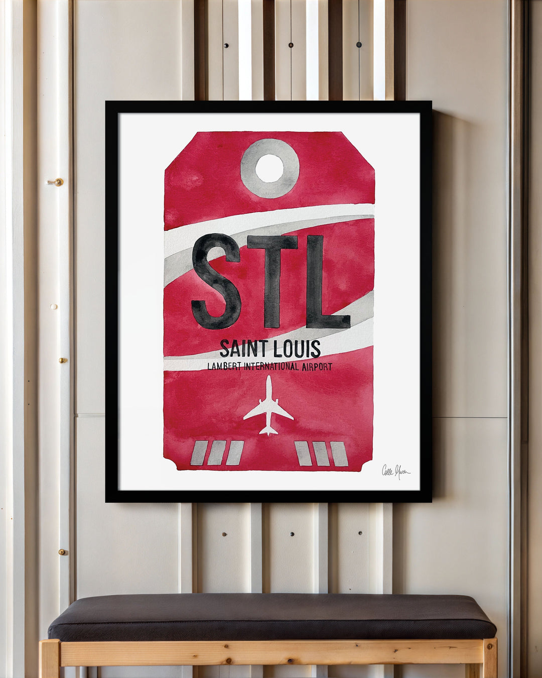 Framed Watercolor Print of St. Louis Lambert International Airport (STL) with a Black Frame