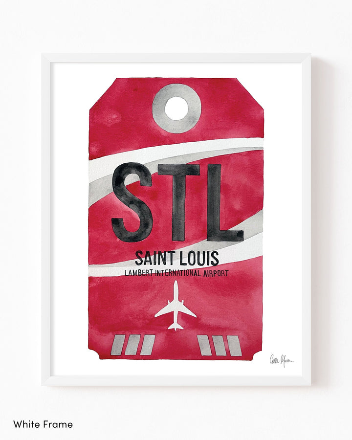 Framed Watercolor Print of St. Louis Lambert International Airport (STL) with a White Frame