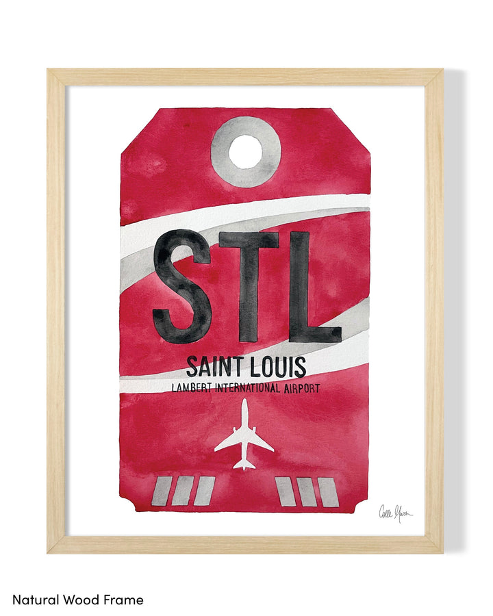 Framed Watercolor Print of St. Louis Lambert International Airport (STL) with a Natural Wood Frame