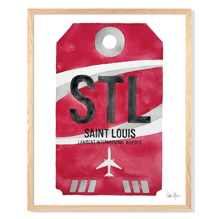 Framed Watercolor Print of St. Louis Lambert International Airport (STL) with an Oak Frame