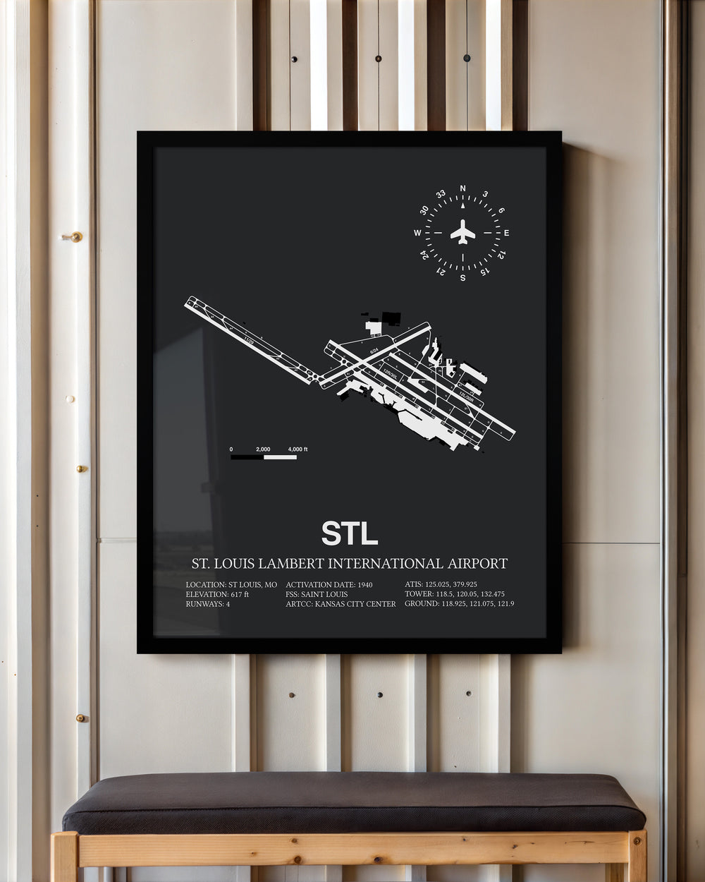 Framed Detailed Airport Map of St. Louis Lambert International Airport (STL) in Gray with a Black Frame