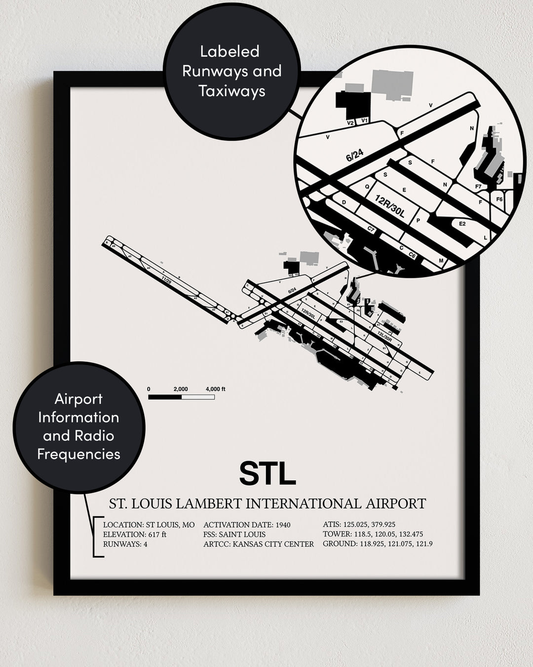 Framed Detailed Airport Map of St. Louis Lambert International Airport (STL) in White with a Black Frame