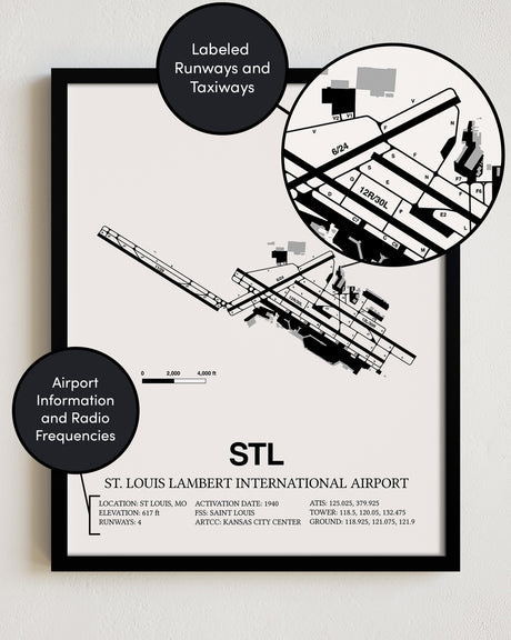 Framed Detailed Airport Map of St. Louis Lambert International Airport (STL) in White with a Black Frame
