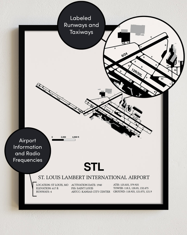 Framed Detailed Airport Map of St. Louis Lambert International Airport (STL) in White with a Black Frame