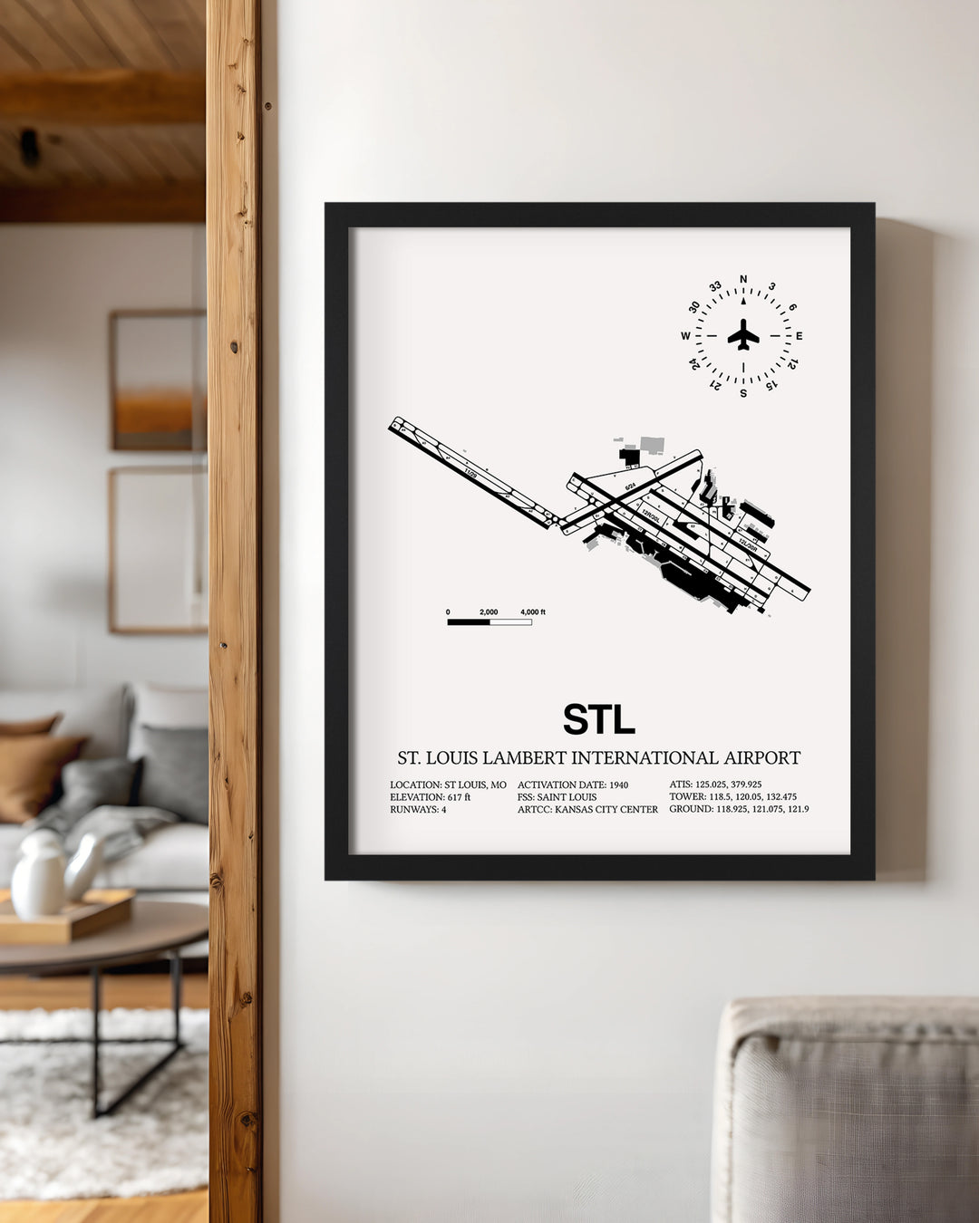 Framed Detailed Airport Map of St. Louis Lambert International Airport (STL) in White with a Black Frame