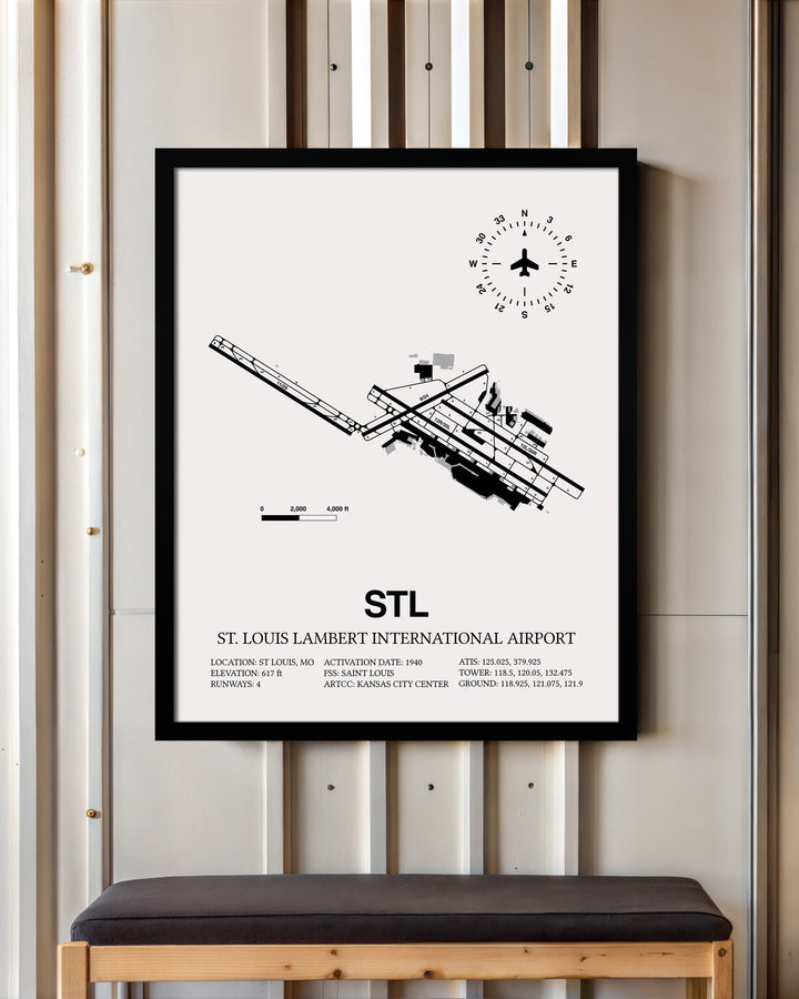 Framed Detailed Airport Map of St. Louis Lambert International Airport (STL) in White with a Black Frame