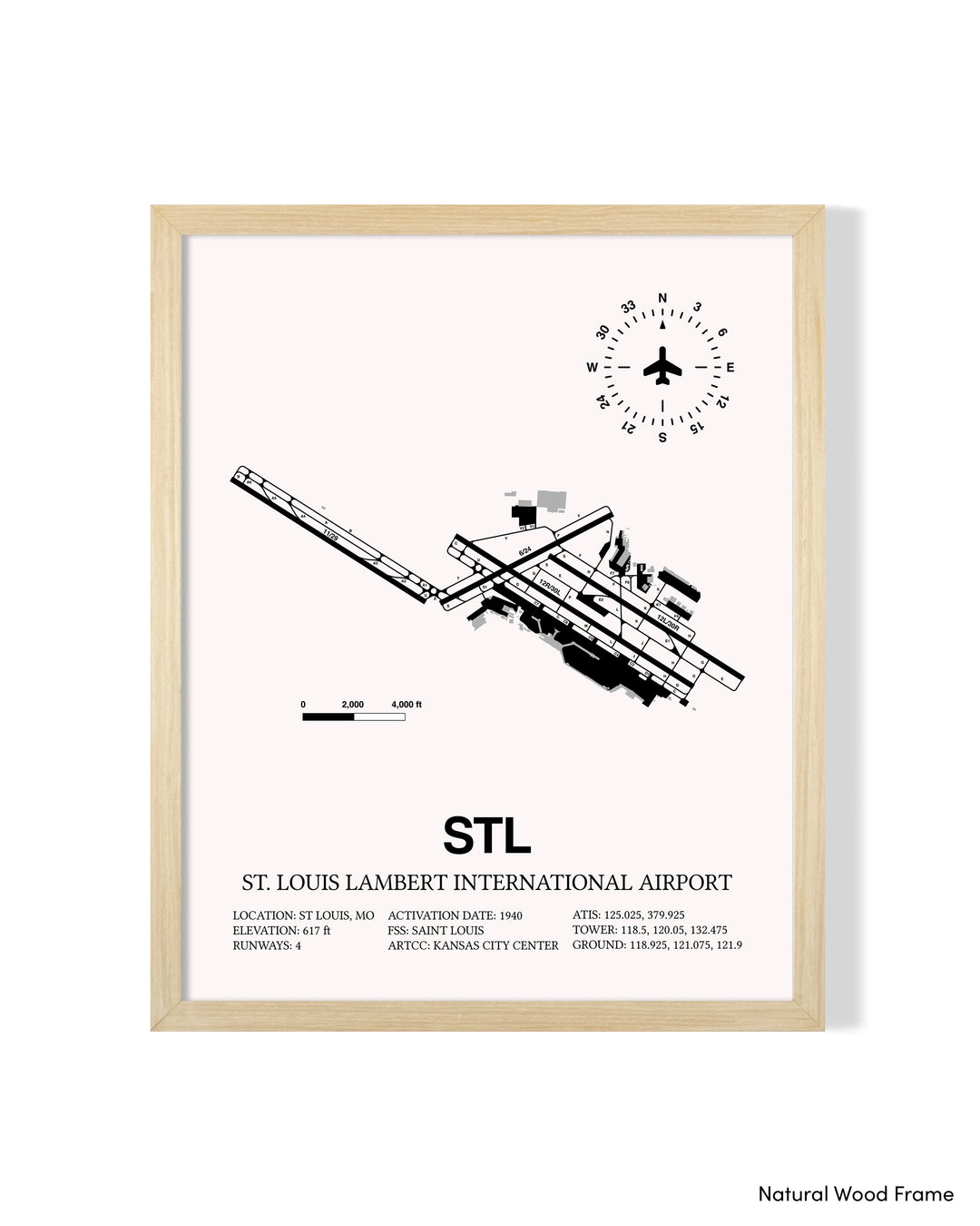 Detailed Airport Map of St. Louis Lambert International Airport (STL) in White with a Natural Frame