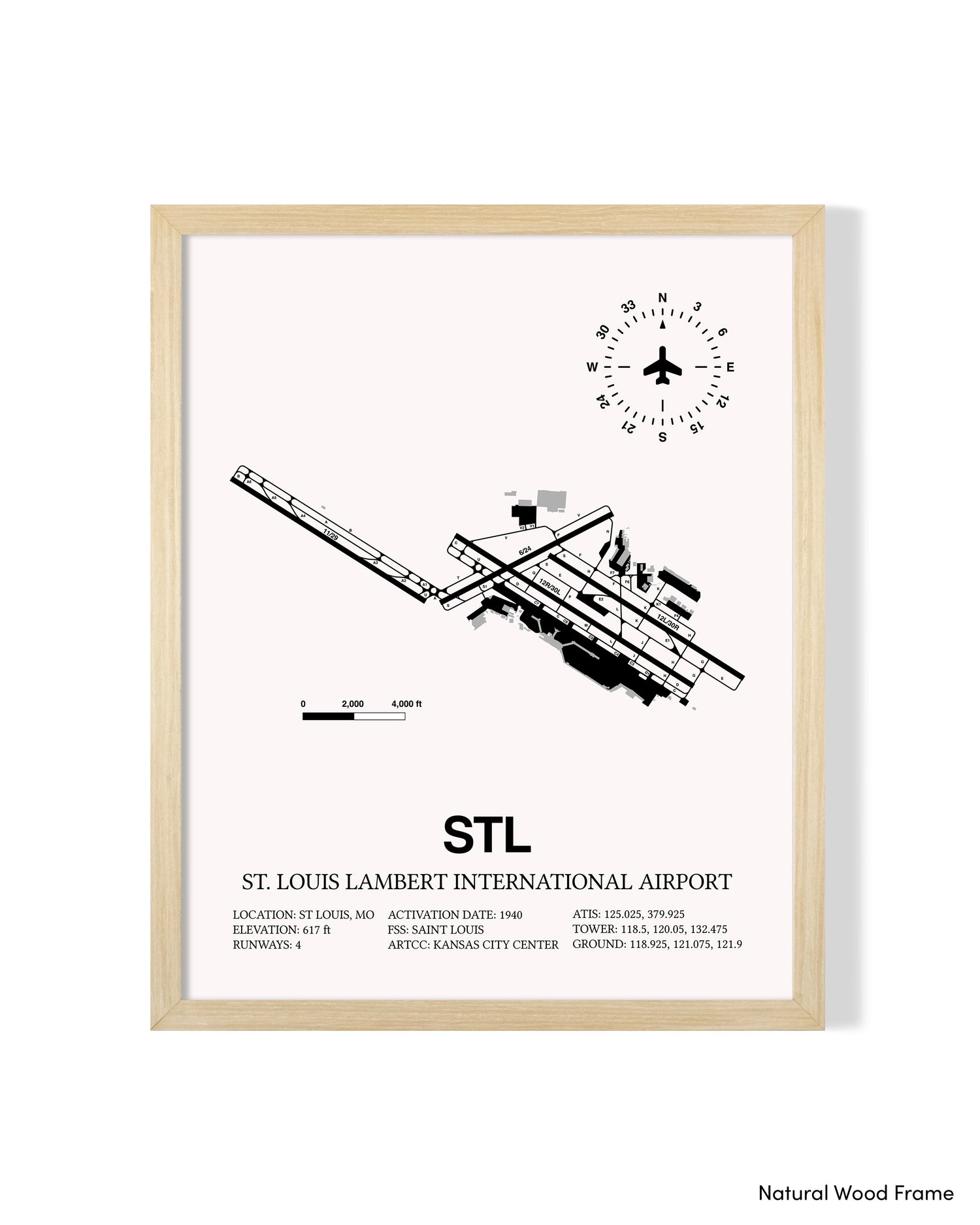 Detailed Airport Map of St. Louis Lambert International Airport (STL) in White with a Natural Frame
