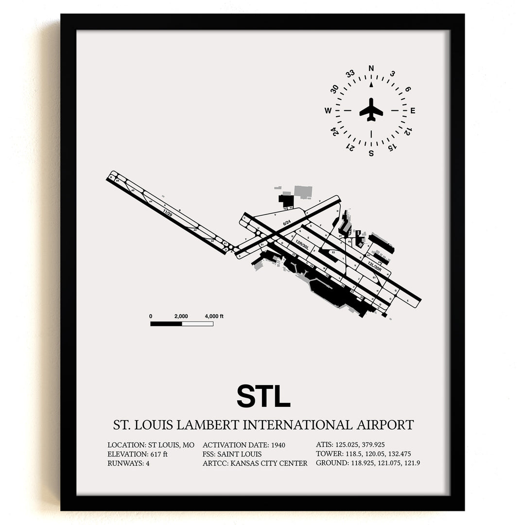 Framed Detailed Airport Map of St. Louis Lambert International Airport (STL) in White with a Black Frame