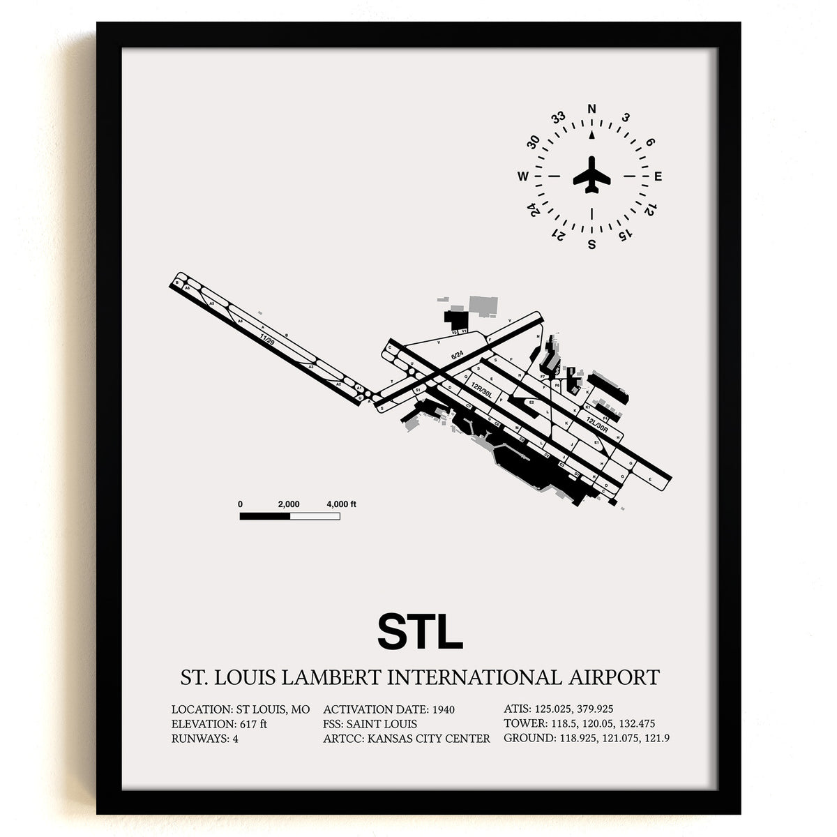 Framed Detailed Airport Map of St. Louis Lambert International Airport (STL) in White with a Black Frame