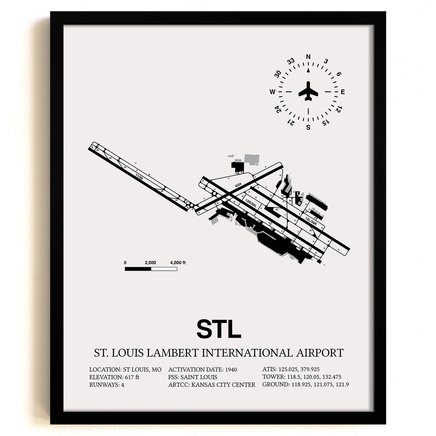 Framed Detailed Airport Map of St. Louis Lambert International Airport (STL) in White with a Black Frame