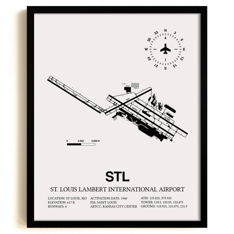Framed Detailed Airport Map of St. Louis Lambert International Airport (STL) in White with a Black Frame