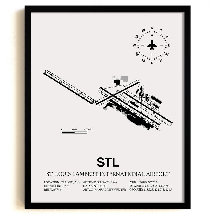 Framed Detailed Airport Map of St. Louis Lambert International Airport (STL) in White with a Black Frame