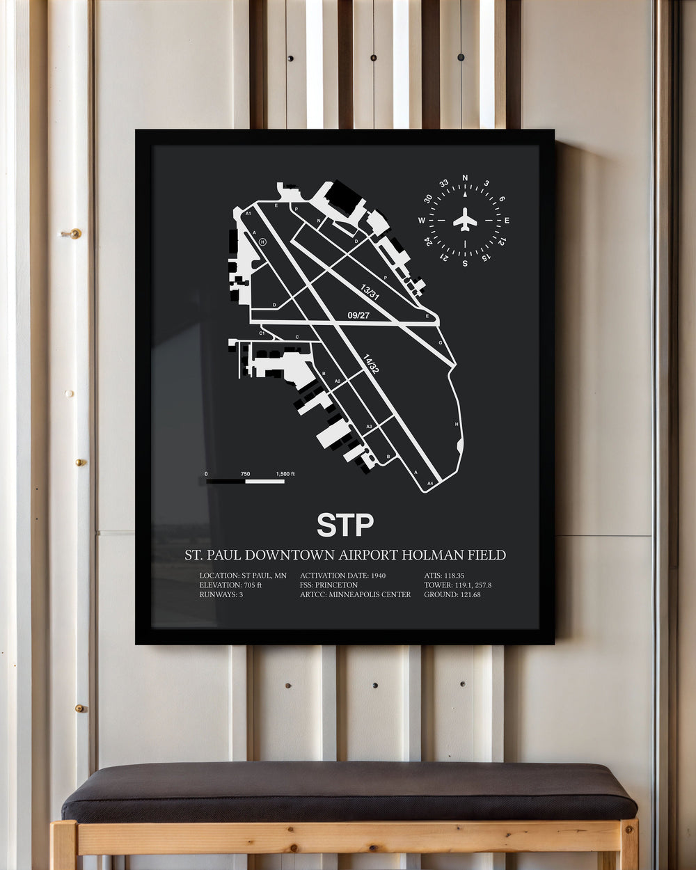 Framed Detailed Airport Map of St Paul Downtown Airport Holman Field (STP) in Gray with a Black Frame
